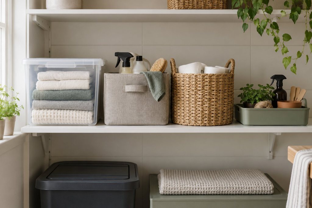 Different practical storage box materials arranged on a utility-room shelf
