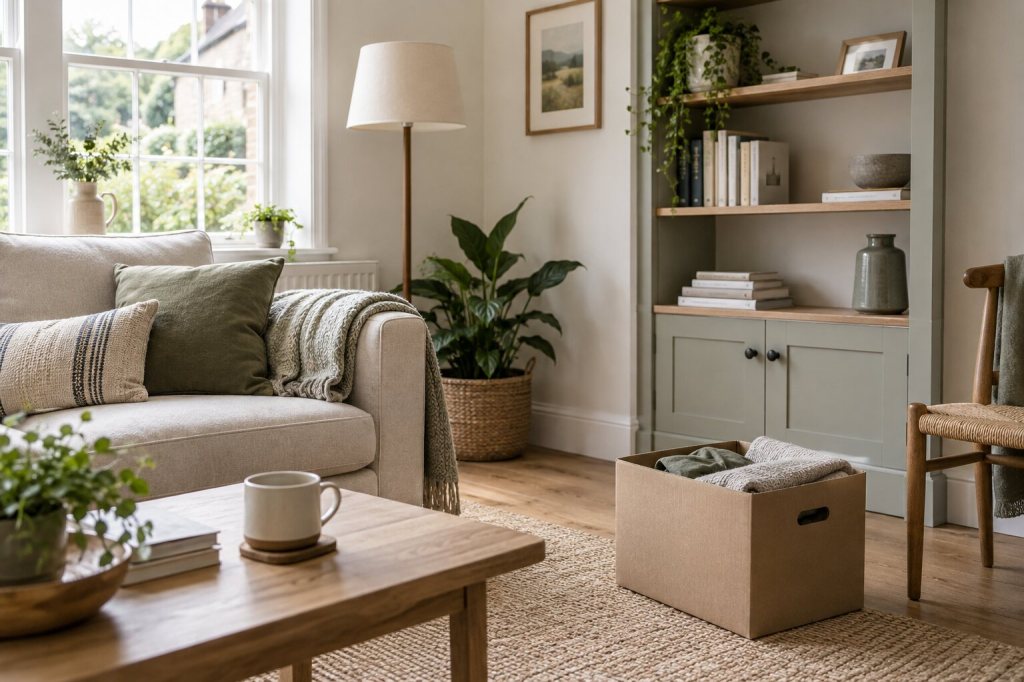 Calm British living room during a manageable decluttering session