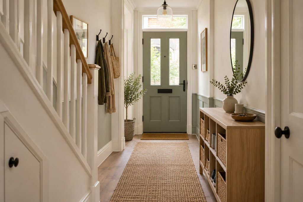 Narrow British hallway with shoe storage, coat hooks and a clear walking route