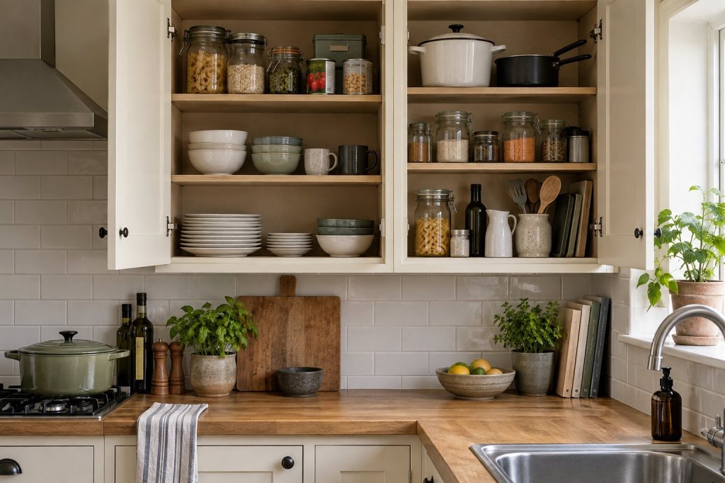 Open kitchen cupboards organised with everyday cookware, plates and pantry ingredients