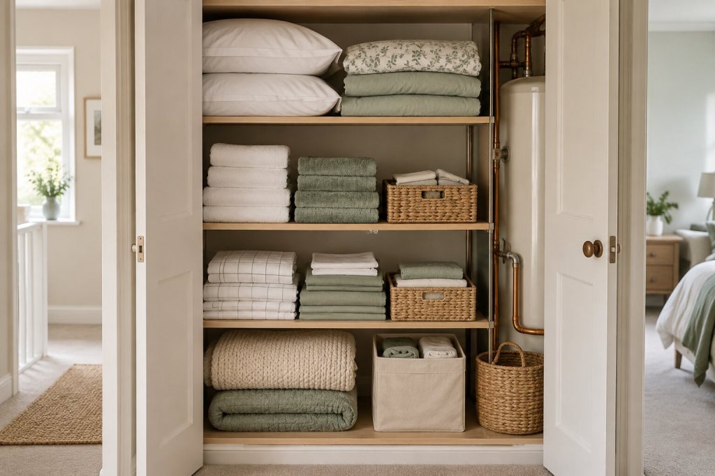 British airing cupboard organised with bedding sets, towels and breathable baskets
