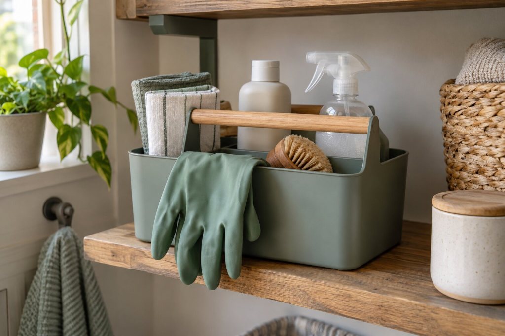 Compact cleaning caddy with cloths, gloves, brush and unbranded bottles