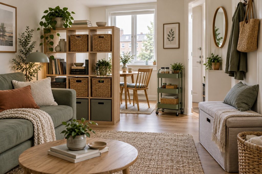 Compact rented British flat with freestanding reversible storage solutions