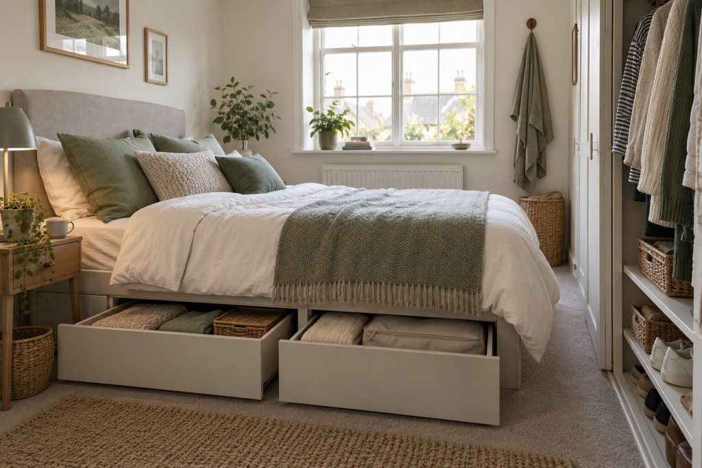 Calm small British bedroom with organised under-bed drawers and wardrobe storage