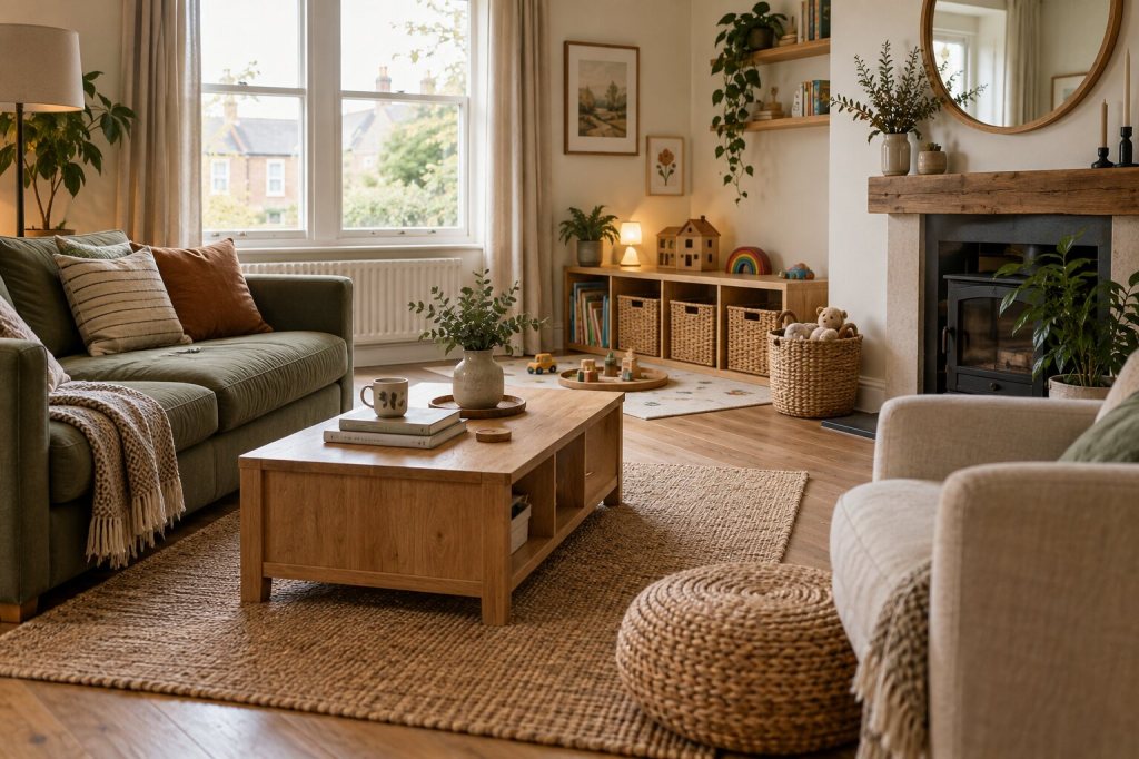 Small British living room with low child-friendly toy storage and clear shared space
