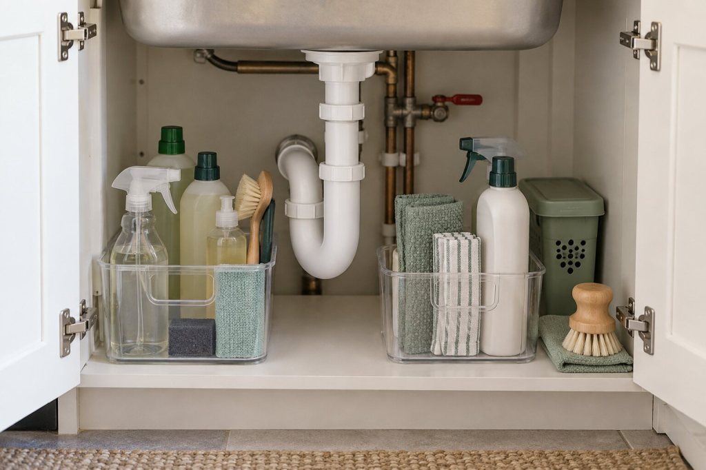Under-sink cupboard with accessible plumbing and cleaning supplies in removable caddies